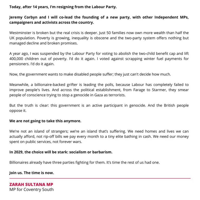 Zarah Sultana and Jeremy Corbyn launch new party